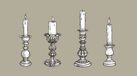 Hand drawn sketch style vintage candlesticks set. Retro pen and ink, engraved vector illustrations.のイラスト素材