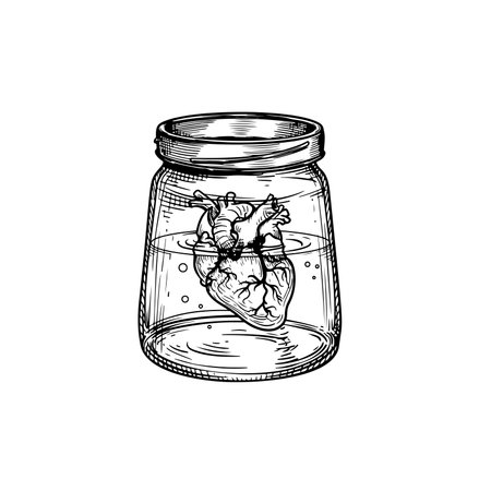 Human heart in glass jar isolated. Hand drawn sketch style drawing. Best for tee print or blackwork tattoo. Vector illustration isolated on white.のイラスト素材