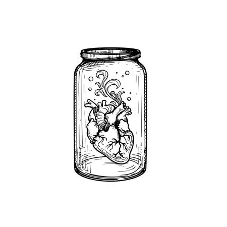 Human heart in glass jar isolated. Hand drawn sketch style drawing. Best for tee print or blackwork tattoo. Vector illustration isolated on white.のイラスト素材