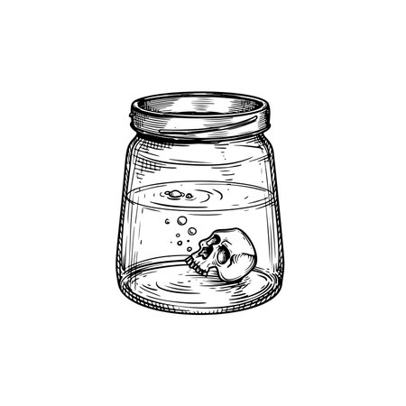 Little skull in glass jar isolated. Hand drawn sketch style drawing. Mystical and witchcraft vector illustration isolated on white.のイラスト素材