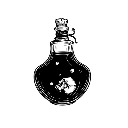 Poison in bottle with floating skull. Hand drawn sketch line art style. Witchcraft sticker, patch, print or blackwork flash tattoo design. Vector illustration.のイラスト素材