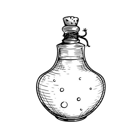 Poison in bottle. Hand drawn sketch line art style. Witchcraft sticker, patch, print or blackwork flash tattoo design. Vector illustration.のイラスト素材