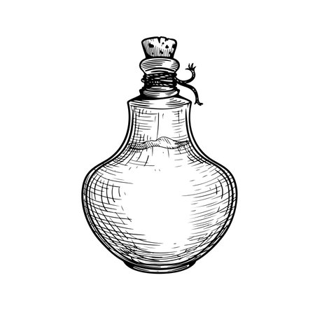 Poison in bottle. Hand drawn sketch line art style. Witchcraft sticker, patch, print or blackwork flash tattoo design. Vector illustration.のイラスト素材