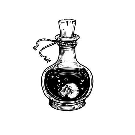 Poison in bottle with floating skull. Hand drawn sketch line art style. Witchcraft sticker, patch, print or blackwork flash tattoo design. Vector illustration.のイラスト素材
