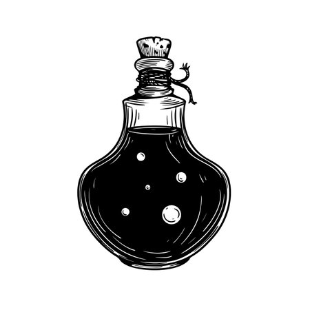 Poison in bottle. Hand drawn sketch line art style. Witchcraft sticker, patch, print or blackwork flash tattoo design. Vector illustration.のイラスト素材