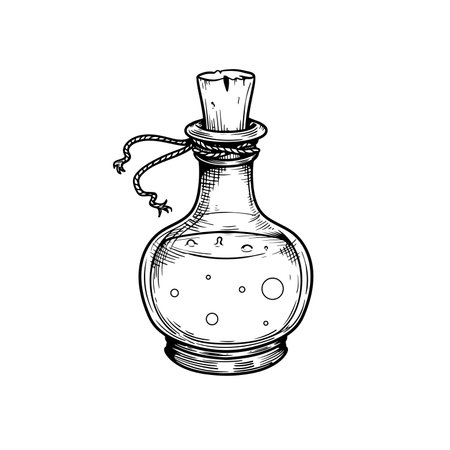 Poison in bottle. Hand drawn sketch line art style. Witchcraft sticker, patch, print or blackwork flash tattoo design. Vector illustration.のイラスト素材