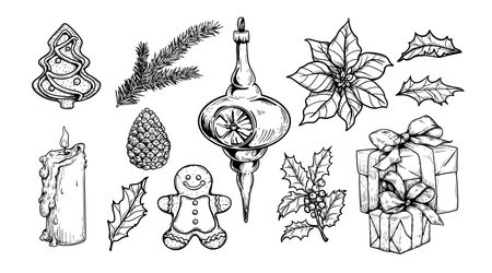Sketch decoration Christmas set. Gift box, gingerbread, holly, fir branches, pine cone. Hand drawn sketch style. Vector illustrations.のイラスト素材