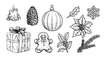Sketch decoration Christmas set. Gift box, gingerbread, holly, fir branches, pine cone. Hand drawn sketch style. Vector illustrations.のイラスト素材