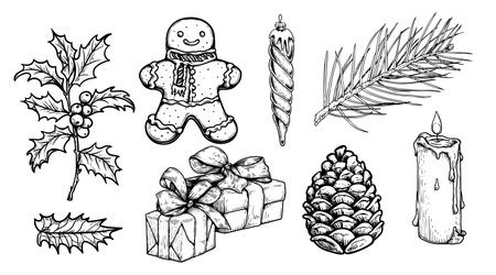 Sketch decoration Christmas set. Gift box, gingerbread, holly, fir branches, pine cone. Hand drawn sketch style. Vector illustrations.のイラスト素材