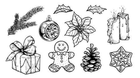 Sketch decoration Christmas set. Gift box, gingerbread, holly, fir branches, pine cone. Hand drawn sketch style. Vector illustrations.のイラスト素材