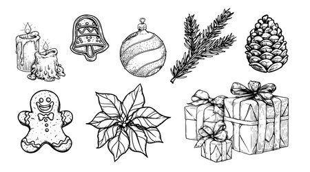 Sketch decoration Christmas set. Gift box, gingerbread, holly, fir branches, pine cone. Hand drawn sketch style. Vector illustrations.のイラスト素材