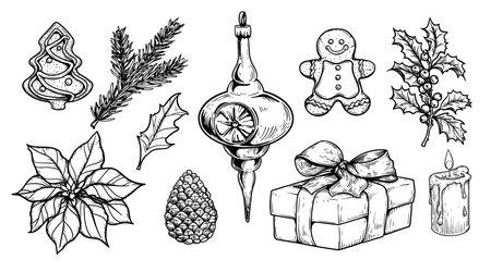 Sketch decoration Christmas set. Gift box, gingerbread, holly, fir branches, pine cone. Hand drawn sketch style. Vector illustrations.のイラスト素材