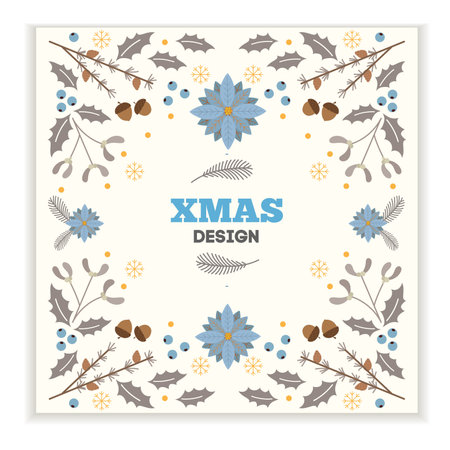 Christmas frame design template. Abstract winter floral ethnic Xmas design. Holly backgrounds with fir tree. Best for package, invitations, decoration and banners.のイラスト素材