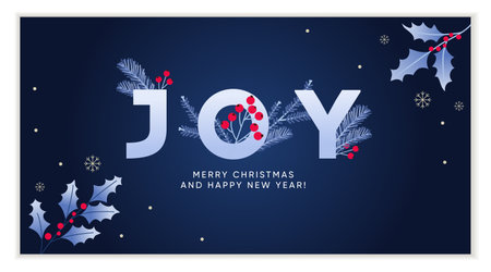 Joy Greeting card design template with branches and florals in deep blue. Merry Christmas and Happy New Year. Vector illustration.のイラスト素材