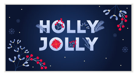 Holly Jolly Greeting card design template with branches and florals in deep blue. Vector illustration.のイラスト素材