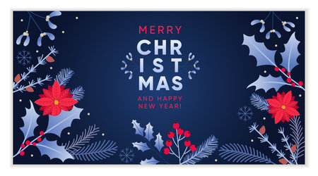 Merry Christmas Greeting card design template with festive branches and florals in deep blue. Vector illustration.のイラスト素材