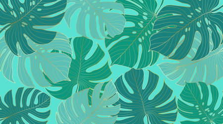 Golden gradient background with monstera leaves. Hand drawn luxury tropical leaf on turquoise background. Best for prints, banner, poster, cover, wallpapers.のイラスト素材