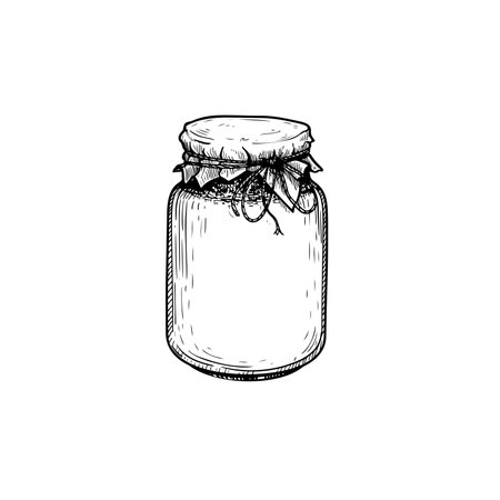 Glass jar with jam or honey. Sketch hand drawn drawing. Best for packaging and home made conservation designs. Vector illustration in vintage style.のイラスト素材