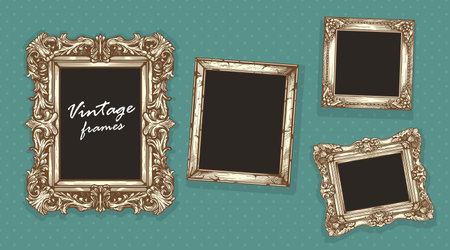 Vintage hand drawn sketch golden picture frames on dotted wall background. Empty photo design template. Vector illustration.のイラスト素材