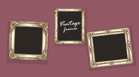 Vintage hand drawn sketch golden picture frames on dotted wall background. Empty photo design template. Vector illustration.のイラスト素材