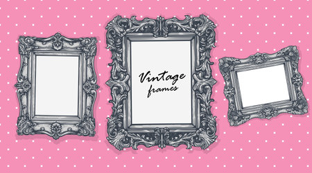 Vintage hand drawn sketch silver picture frames on dotted pink wall background. Empty photo design template. Vector illustration.のイラスト素材