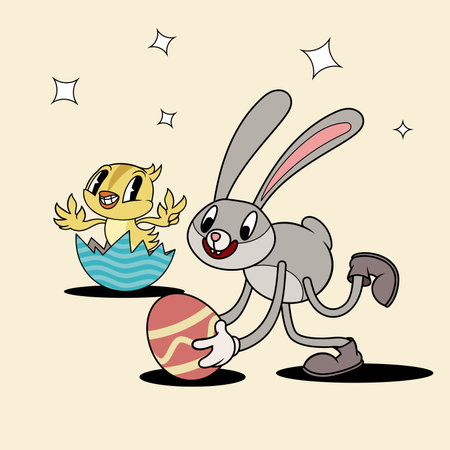 Retro groovy Easter Bunny and Chicken. Mascot springtime characters in trendy retro cartoon style. Vector illustration.のイラスト素材