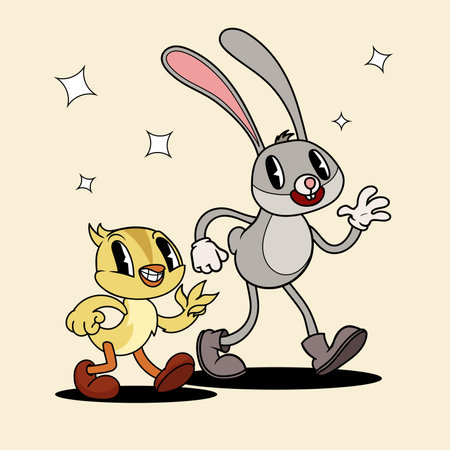Retro groovy Easter Bunny and Chicken walking. Cartoon characters in trendy retro style. Vector illustration.のイラスト素材