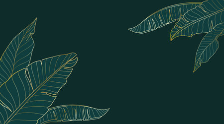 Golden gradient background with banana leaves. Hand drawn luxury tropical leaves on green background. Best for prints, banner, poster, cover, wallpapers.のイラスト素材