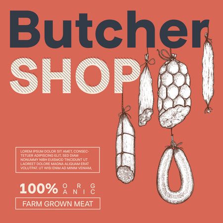 Butcher shop, meat products design template. Hand drawn sketch style sausages. Retro vector illustrations.のイラスト素材