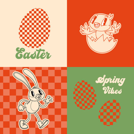 Groovy Easter print set. Spring bright character mascot cards in retro cartoon style. Cute Easter bunny, chick and eggs. Vector illustrations.のイラスト素材