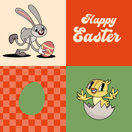 Groovy Easter print set. Spring bright character mascot cards in retro cartoon style. Cute Easter bunny, chick and eggs. Vector illustrations.のイラスト素材