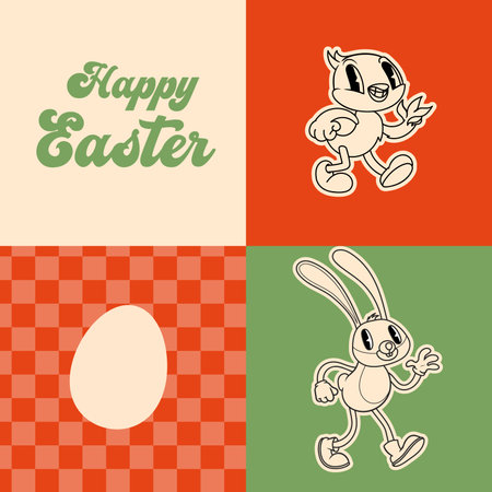 Groovy Easter print set. Spring bright character mascot cards in retro cartoon style. Cute Easter bunny, chick and eggs. Vector illustrations.のイラスト素材