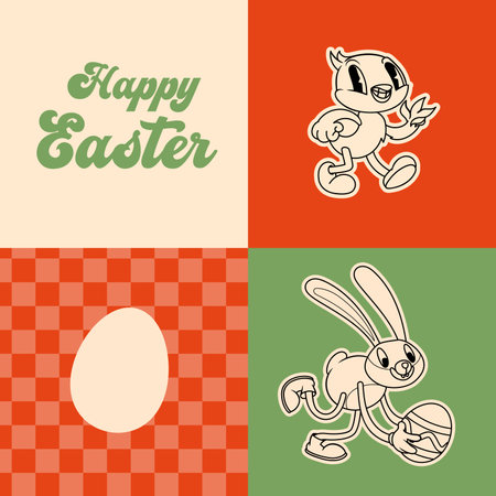 Groovy Easter print set. Spring bright character mascot cards in retro cartoon style. Cute Easter bunny, chick and eggs. Vector illustrations.のイラスト素材