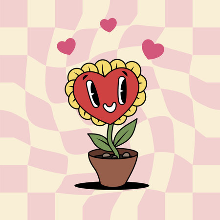 Groovy lovely heart shaped flower character in trendy retro 60s 70s cartoon groovy style. Valentines day funky mascot. Vector illustration.のイラスト素材
