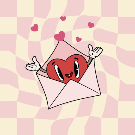 Happy groovy retro cartoon heart characters in an envelope. Valentines day mascot. Flat vector illustration.のイラスト素材