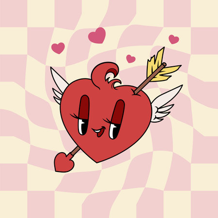 Cute groovy retro cartoon heart character with arrow. Valentines day mascot. Vector illustration.のイラスト素材