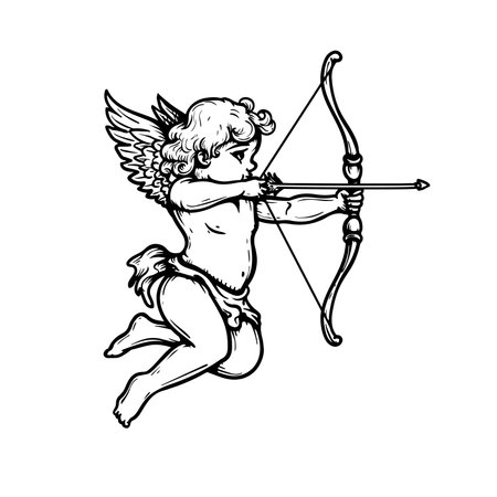 Hand drawn sketch cherub with wings, arrow and bow. Cupid angel in classic engraving style. Valentine's day symbol. vector illustration.のイラスト素材