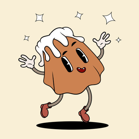 Groovy easter pastry character in trendy cartoon 60s 70s style. Panettone, Paska, kulich holiday sweet bread. Classic cartoon style. Vector illustration.のイラスト素材