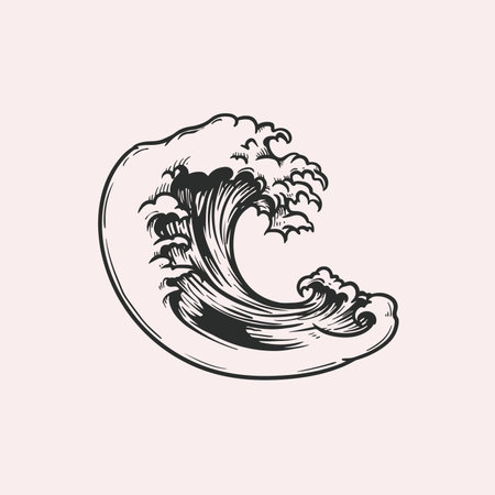 Sea wave in sketch retro hand drawn style. Best for nautical marine and tattoo designs. Vector illustration.のイラスト素材