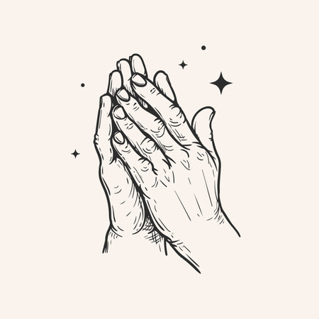 Hands folded in a prayer to god. Hand drawn sketch style. Religious spiritual symbol. Vector illustration in retro vintage style.のイラスト素材