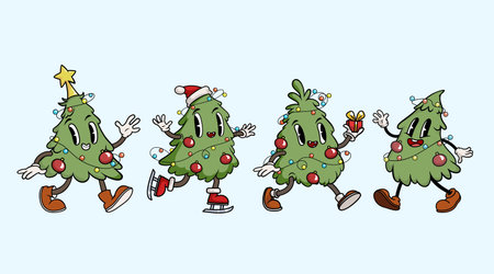Cartoon retro Christmas tree characters set. Groovy style design elements collection. Vector illustrations.のイラスト素材