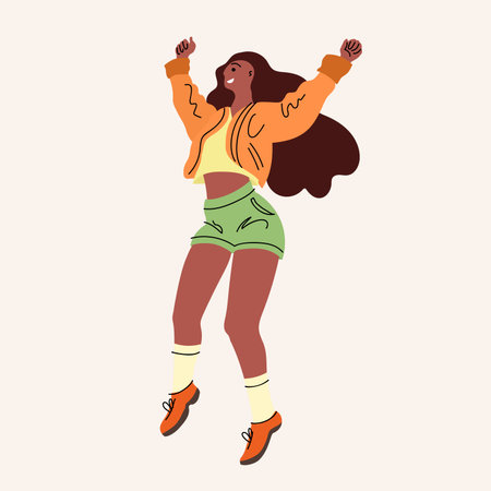 Young stylish black girl jumping or dancing. Flat cartoon modern style. Vector illustration isolated on light background.のイラスト素材