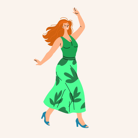 Happy woman dancing. White girl wearing in casual outfit. Celebration action in a flat imodern minimalistic style. Vector illustration.のイラスト素材