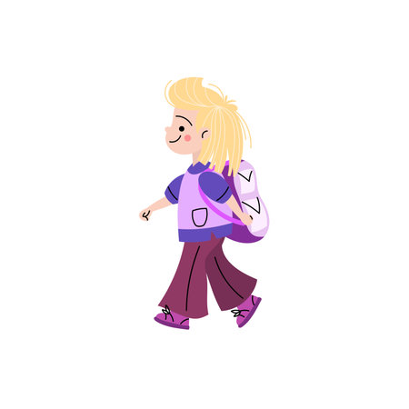 Cute cartoon girl with a backpack walking happily. Flat vector illustration of a school child in casual clothes, ideal for educational content, back to school themes, or children's designs.のイラスト素材