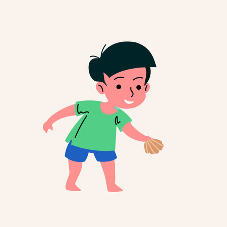 A cheerful cartoon boy holding seashell. Flat vector illustration of a child playing or exploring on the beach. Minimalist and colorful character design suitable for educational materials, summer themes, or kids' content.のイラスト素材