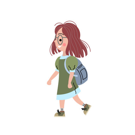 Cute cartoon girl with a backpack walking happily. Flat vector illustration of a school child in casual clothes, ideal for educational content, back to school themes, or children's designs.のイラスト素材