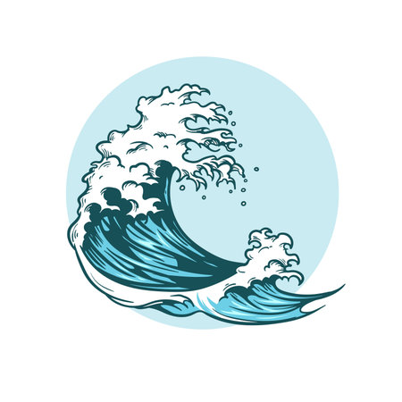 Sea wave sketch hand drawn style. Storm wave, vintage tide and ocean beach storms. Vector illustration.のイラスト素材