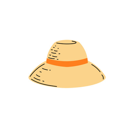 Beach straw summer women hat with orange ribbon. Modern flat design. Vector illustration isolated on white background.のイラスト素材
