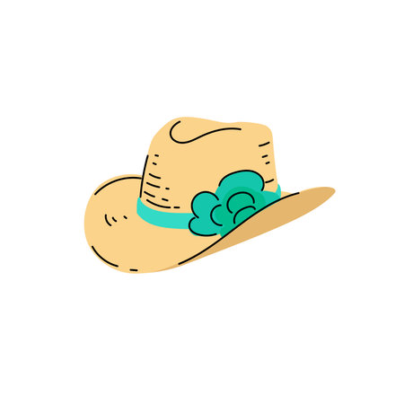 Beach straw summer women hat with turquise ribbon and flower. Modern flat design. Vector illustration isolated on white background.のイラスト素材