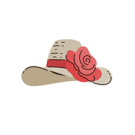 Beach straw summer women hat with big pink flower. Modern flat design. Vector illustration isolated on white background.のイラスト素材